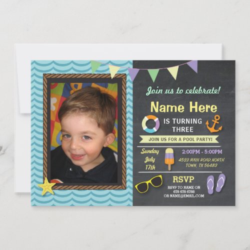 Pool Party Birthday Photo Summer Blue Invite