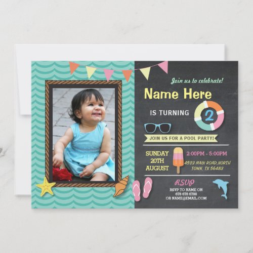 Pool Party Birthday Photo Summer Mint Invite