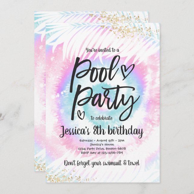 Pool Party Birthday Pink Tie Dye Pool Party Invitation (Front/Back)