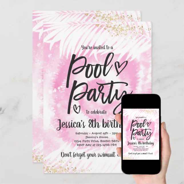 Pool Party Birthday Pink Tie Dye Pool Party Invitation | Zazzle