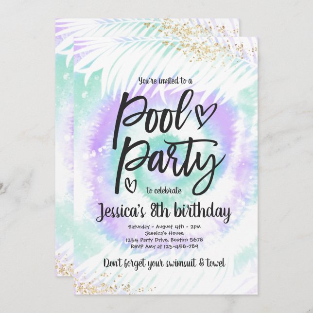 Pool Party Birthday Purple Tie Dye Pool Party Invitation (Front/Back)