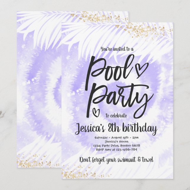 Pool Party Birthday Purple Tie Dye Pool Party Invitation (Front/Back)