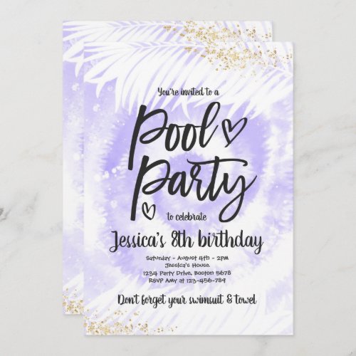 Pool Party Birthday Purple Tie Dye Pool Party Invitation