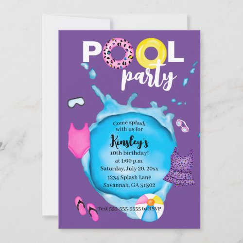 Pool Party Birthday Splash Leopard Swimsuit Purple Invitation