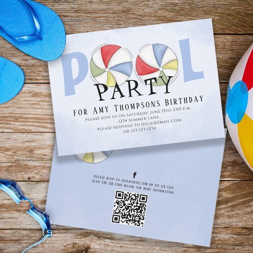 Pool Party Birthday Summer Trendy Watercolor Beach Invitation