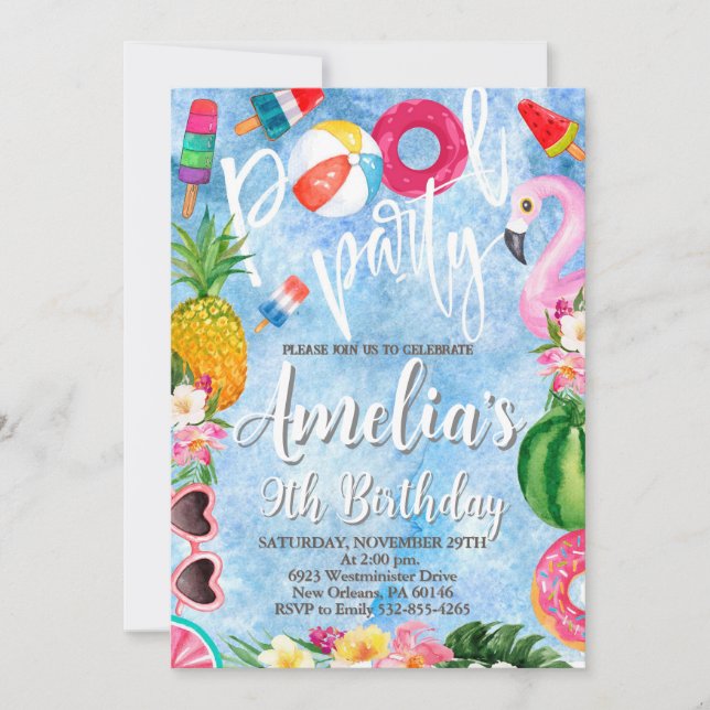 Pool Party Birthday, Swimming Party, Any Age Invitation (Front)
