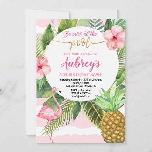 Pool party birthday tropical pink and gold girl invitation