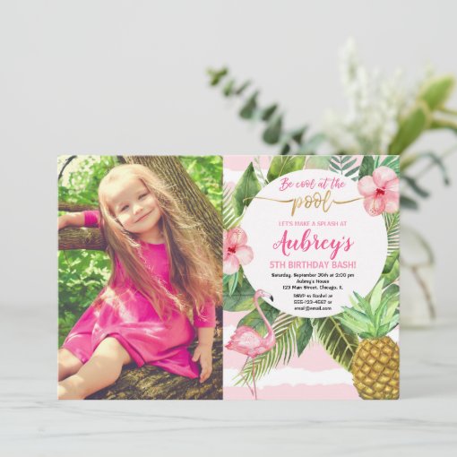 Pool party birthday, tropical pink and gold photo invitation | Zazzle