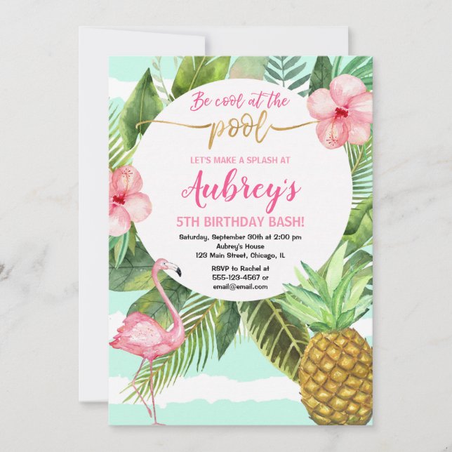 Pool party birthday, tropical pink teal gold invitation (Front)