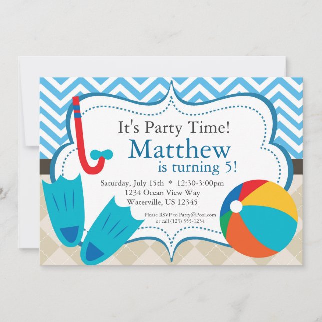 Pool Party Blue Chevron and Tan Argyle Birthday Invitation (Front)