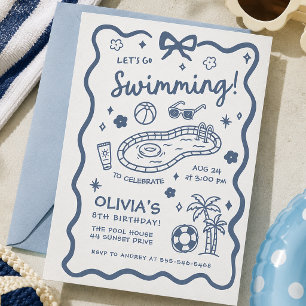 Pool Party Blue Retro Minimalist Birthday Invitation