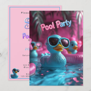 Pool Party Blue Rubber Duck Pink Blue Glitter Tex  Invitation