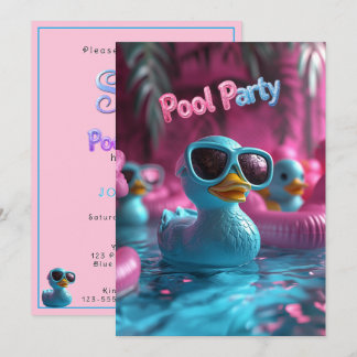 Pool Party Blue Rubber Duck Pink Blue Glitter Tex Invitation