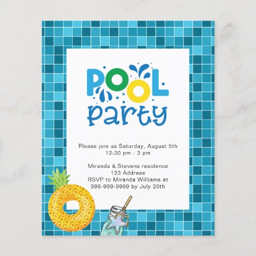 Pool party blue water budget invitation flyer