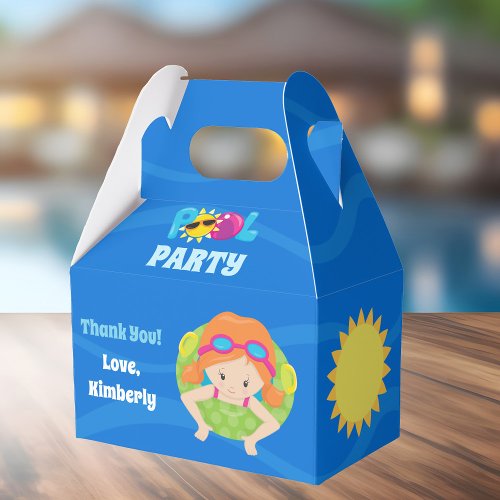 Pool Party Blue Water Cute Redhead Girl Custom Favor Boxes