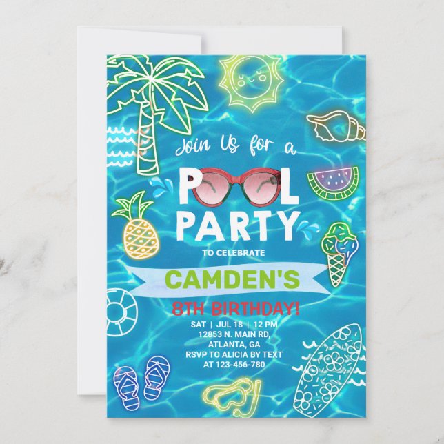 Pool party boy birthday invitation, pool bash. invitation (Front)