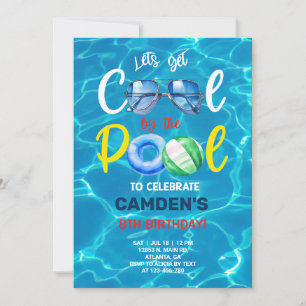 Pool party boy birthday invitation, sunglasses. invitation