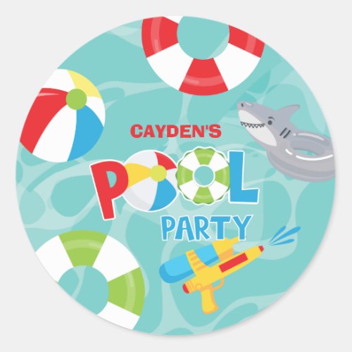 Pool Party Boy Birthday Shark Float Classic Round Sticker