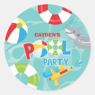 Pool Party Boy Birthday Shark Float Classic Round Sticker
