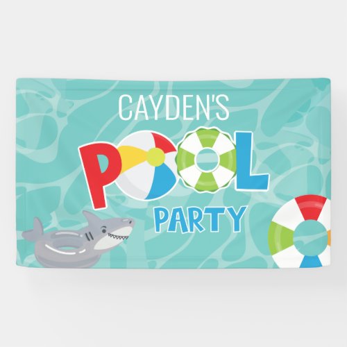Pool Party boy shark birthday Banner