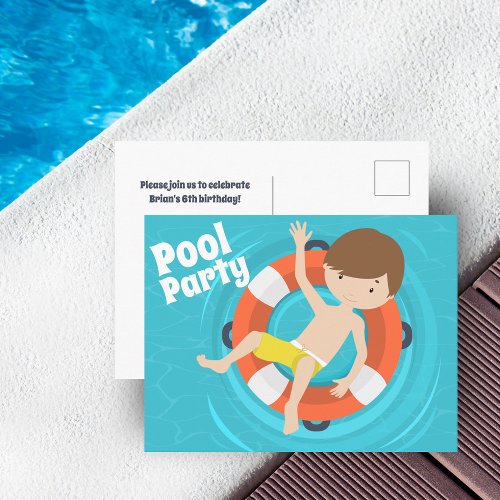 Pool Party Boy Swimming Kids Birthday Invitation Postcard