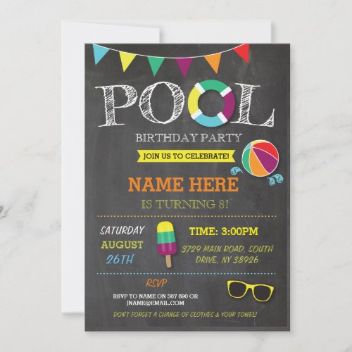 Pool Party Boys girls Birthday Beach Invitations