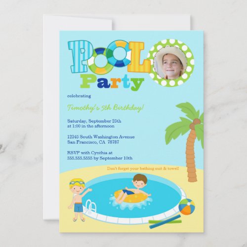 Pool party boys photo birthday party invitation