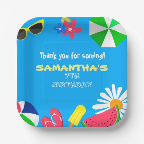 Pool Party Bright Blue Color Summer Birthday Fun Paper Plates