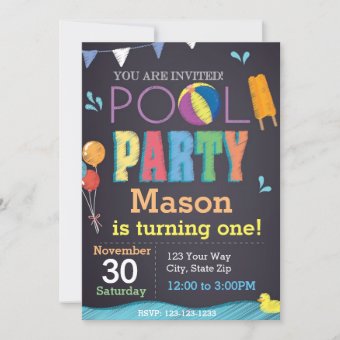 Pool Party Chalkboard Birthday Invitation | Zazzle