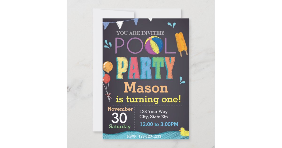 Pool Party Chalkboard Birthday Invitation | Zazzle