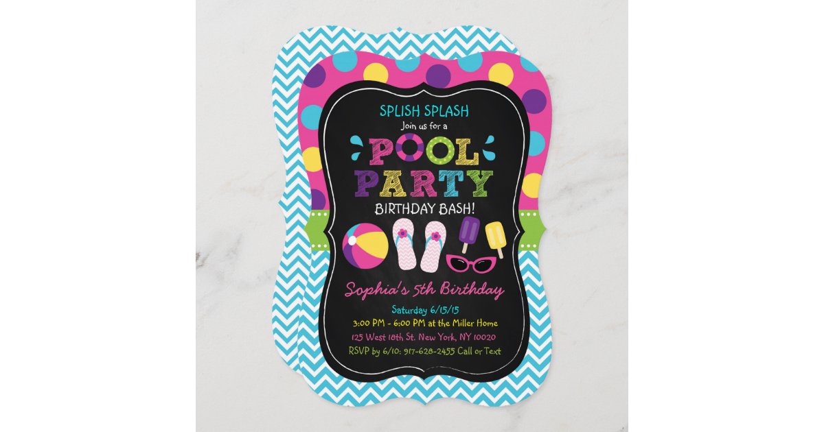 Pool Party Chalkboard Birthday Invitation | Zazzle