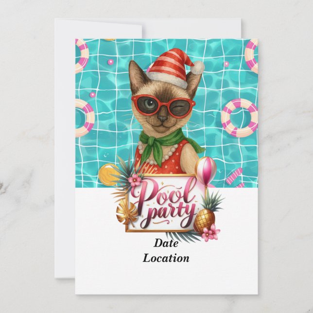 Pool Party Christmas in July for Cat Lovers Invitation (Front)
