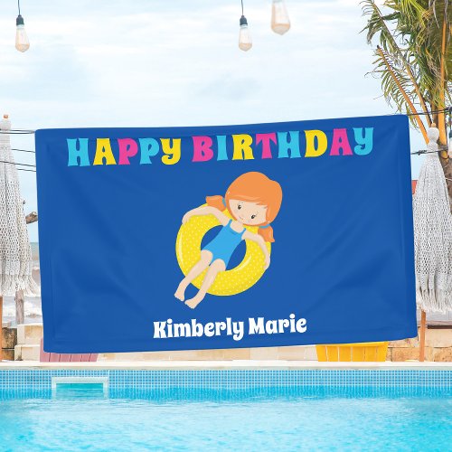 Pool Party Custom Swimming Redhead Girl Birthday Banner