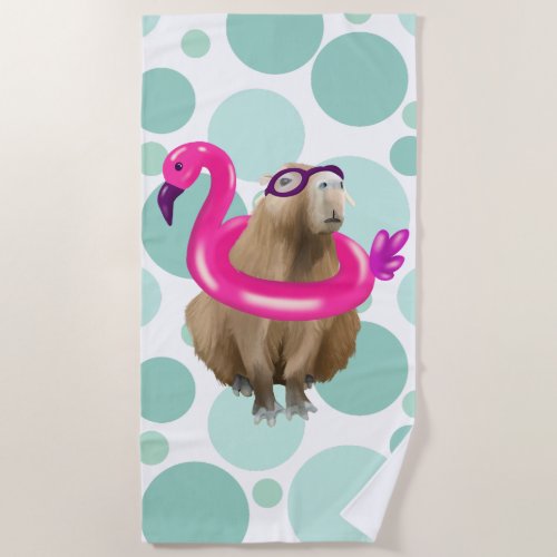 Pool Party Cute Capybara With Pink Flamingo Float Beach Towel