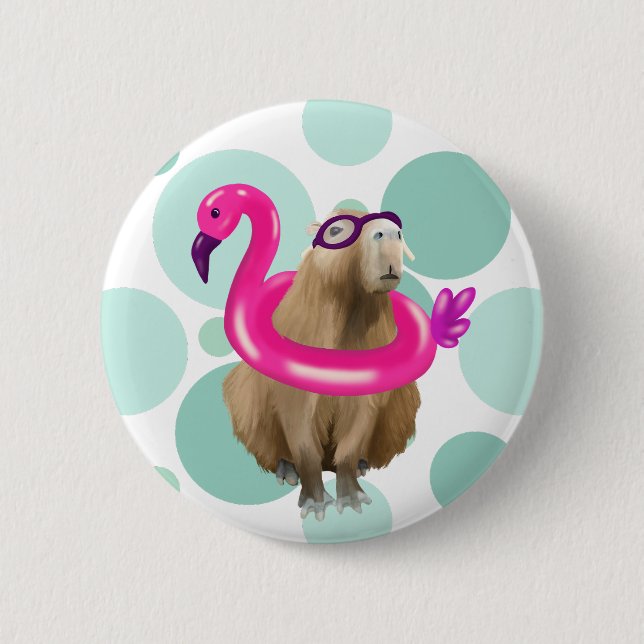 Pool Party Cute Capybara With Pink Flamingo Float Button (Front)