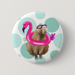 Pool Party Cute Capybara With Pink Flamingo Float Button