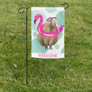 Pool Party Cute Capybara With Pink Flamingo Float Garden Flag