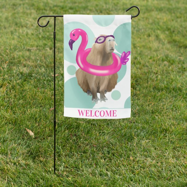 Pool Party Cute Capybara With Pink Flamingo Float Garden Flag (In SItu)