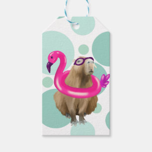 Pool Party Cute Capybara With Pink Flamingo Float Gift Tags