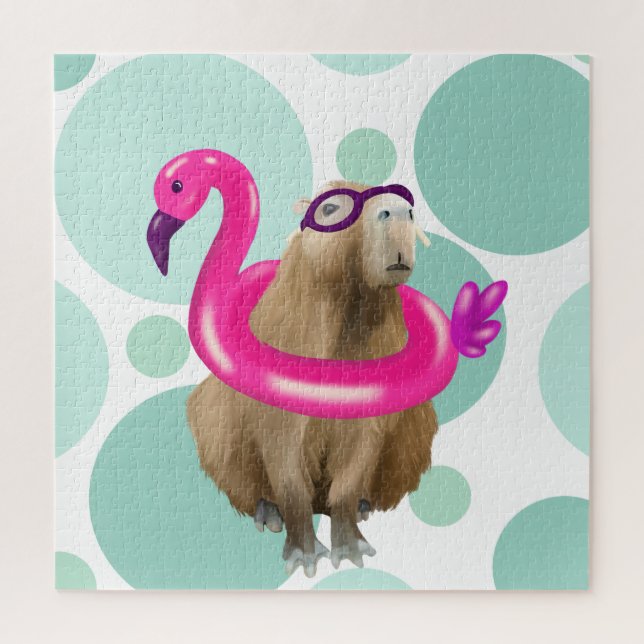 Pool Party Cute Capybara With Pink Flamingo Float Jigsaw Puzzle (Vertical)