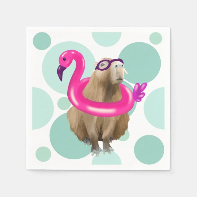 Pool Party Cute Capybara With Pink Flamingo Float Napkins (Front)