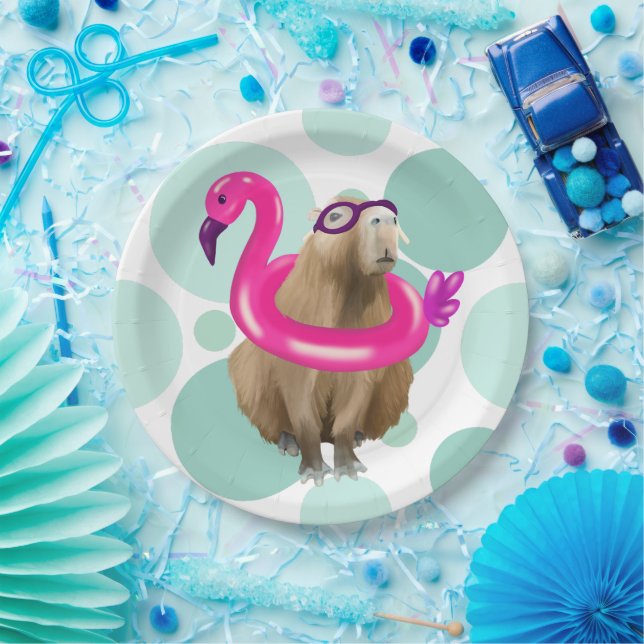 Pool Party Cute Capybara With Pink Flamingo Float Paper Plates (Party)