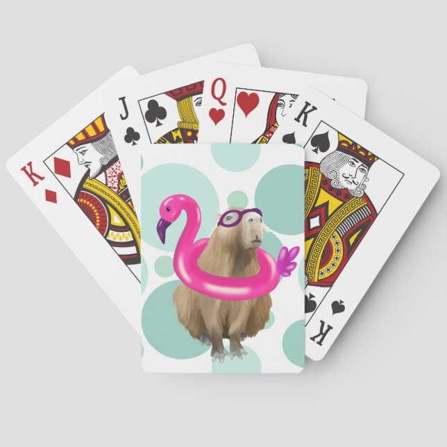 Pool Party Cute Capybara With Pink Flamingo Float Poker Cards (Back)