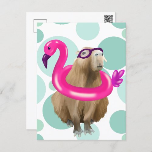 Pool Party Cute Capybara With Pink Flamingo Float Postcard