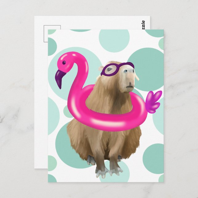 Pool Party Cute Capybara With Pink Flamingo Float Postcard (Front/Back)