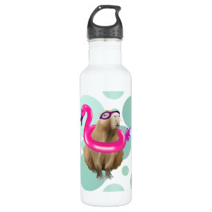 Pool Party Cute Capybara With Pink Flamingo Float Stainless Steel Water Bottle