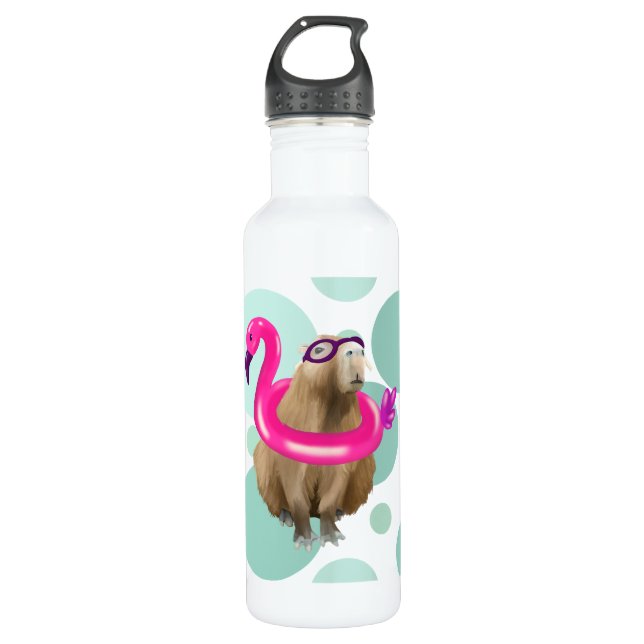 Pool Party Cute Capybara With Pink Flamingo Float Stainless Steel Water Bottle (Front)