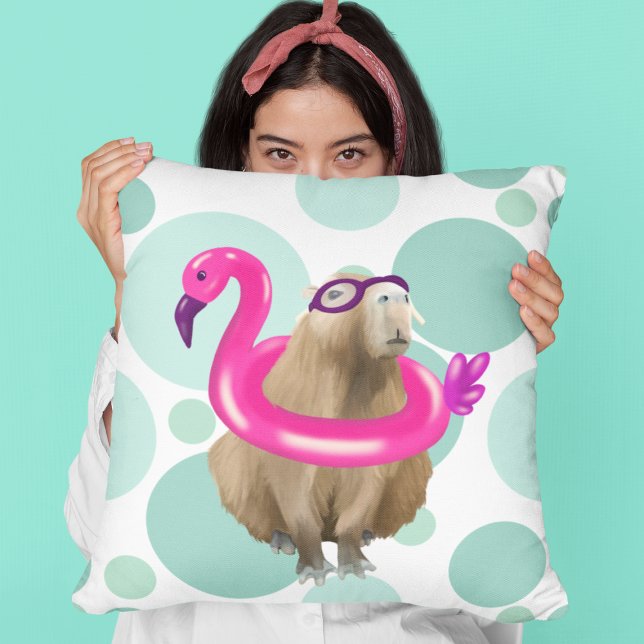 Pool Party Cute Capybara With Pink Flamingo Float Throw Pillow (Creator Uploaded)