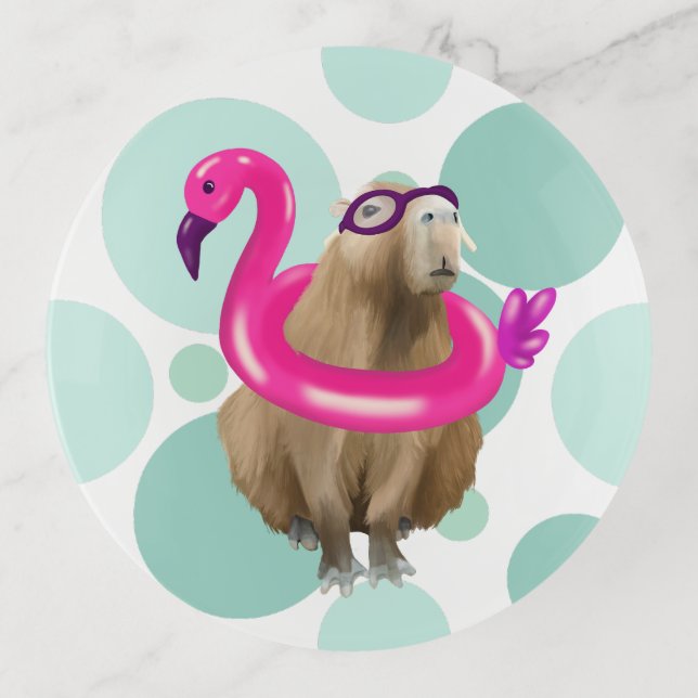Pool Party Cute Capybara With Pink Flamingo Float Trinket Tray (Front)