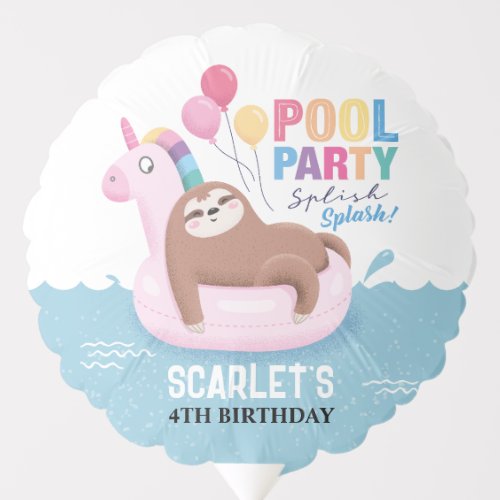 Pool Party Cute Sloth Summer Birthday  Balloon